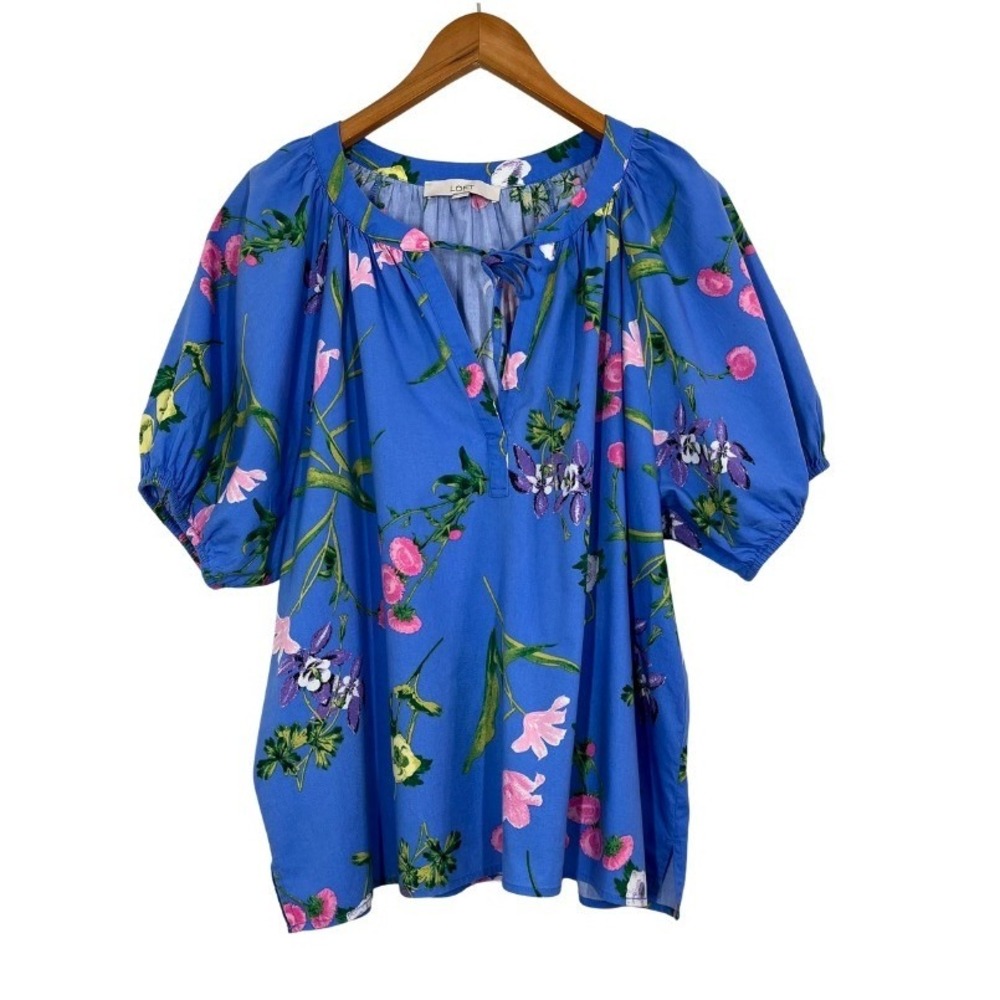 LOFT Blue Floral Tie-Neck Puff-Sleeve Blouse - Picture 2 of 9
